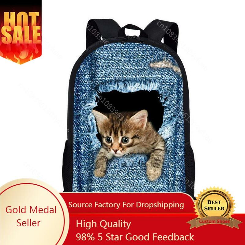 Cute 3D Cat Denim Print Kids Backpack for Girls Boys Bookbag Orthopedic Casual Travel Rucksack for Children Student School Bags