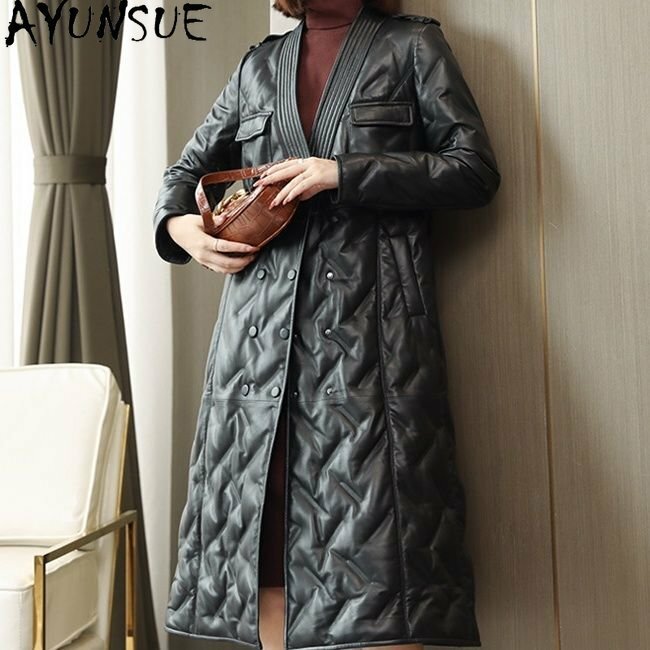 AYUNSUE 여성용 진짜 양가죽 재킷, 2023 롱 덕 다운 재킷, V넥 롱 코트, 여성용 다운 코트, 겨울
