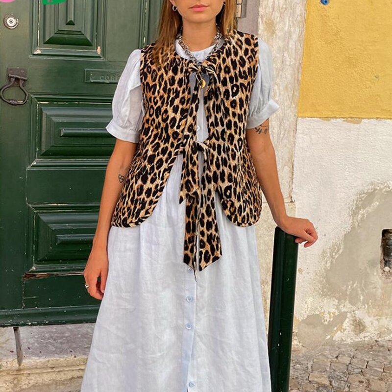 Maemukilabe Leoparden muster Weste Bowknot vorne ärmellose Weste mit V-Ausschnitt Vintage Jacke Strickjacke Frauen schicke Mode Streetwear