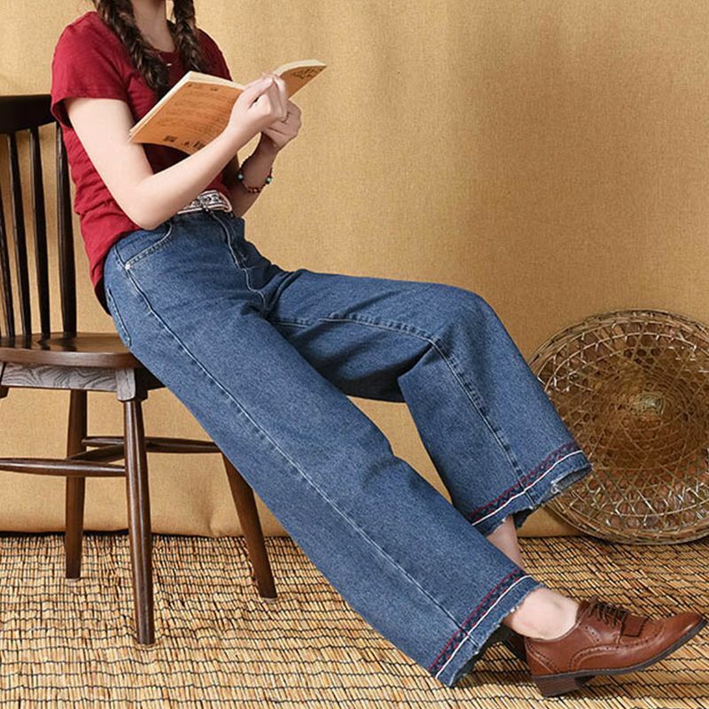 Frühling Herbst Mode Stickerei gespleißt Damen weites Bein Jeans hose Vintage lose hohe Taille kurze Hose Damen bekleidung