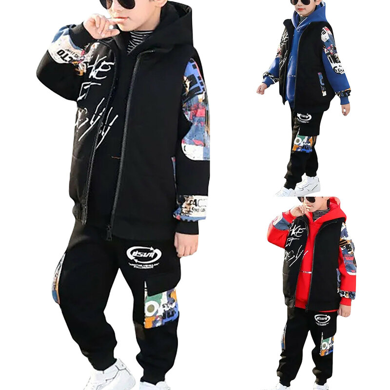 Sports Suit For Boys Outfits Kids Vest+hoodies+pants Kids Tracksuit Warm Clothing Sport 3pcs Suit Spring Autumn Children's Set
