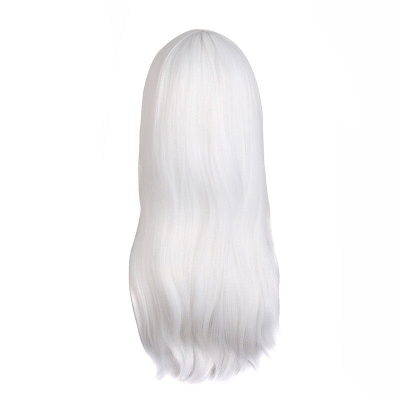 Cos Wig rambut panjang wanita, rambut palsu lurus Universal 60cm poni miring keriting mikro Anime putih murni alami
