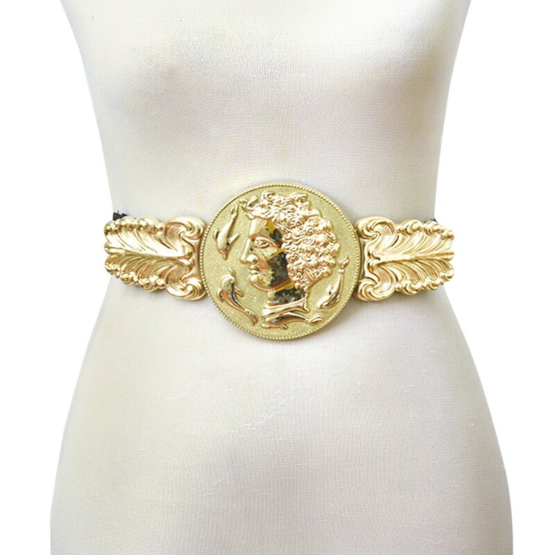 Cintura larga in metallo in ecopelle pratica fibbia in lega cintura elastica da donna copertura in vita leone dorato