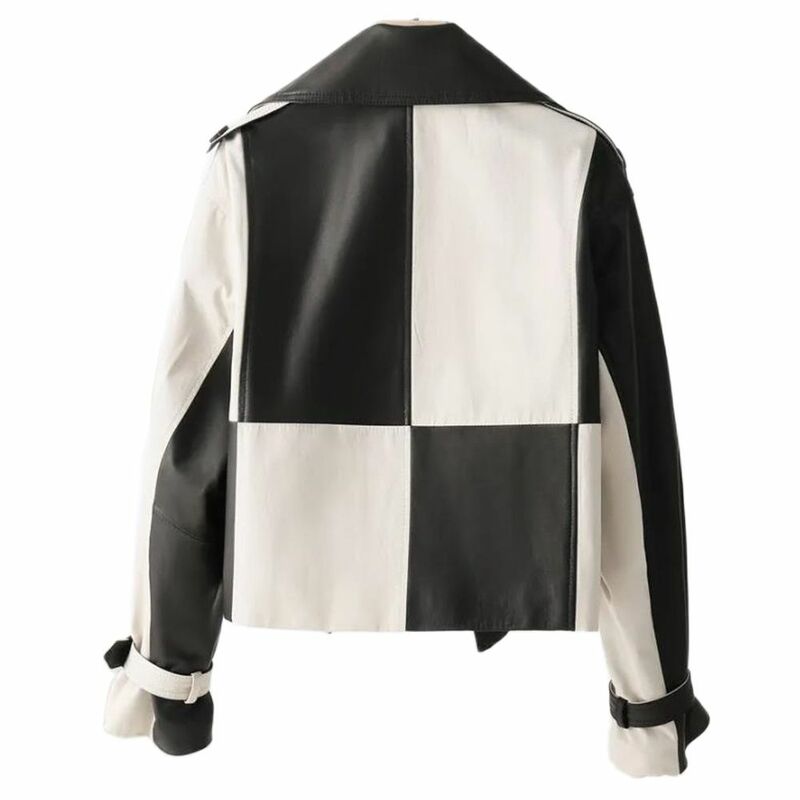 Casual Black And White Color Matching Womens Genuine Leather Jacket Spring Autumn Real Sheepskin Coat Female Chic Lady Outerwear