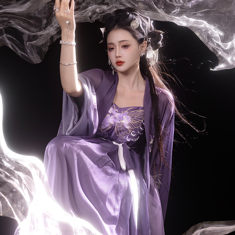 Vestido de camisa hanfu feminino, clássico chinês, roxo, fada fluindo, manga grande, vestido de mulher