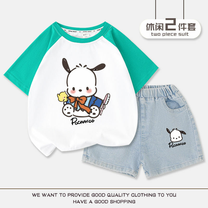 Conjunto Sanrios infantil de duas peças, camiseta de algodão, shorts jeans, roupas casuais infantis, menino, menina, crianças, verão
