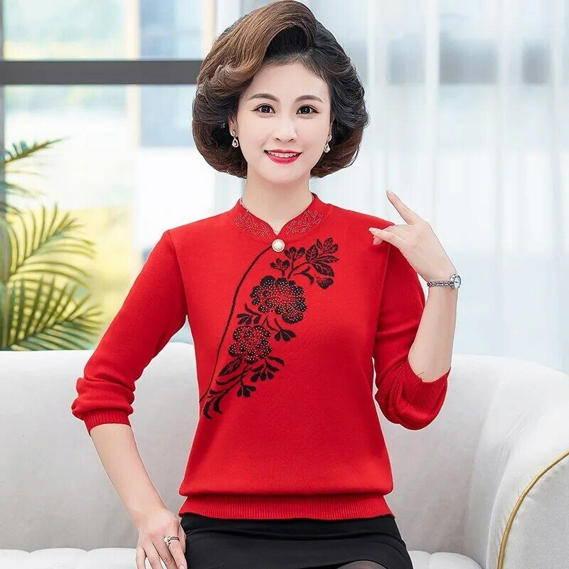 Herbst Winter Pullover Frauen elegante Mutter mittleren Alters Pullover Strick pullover Mode chinesischen Stil Cheong sam Kragen