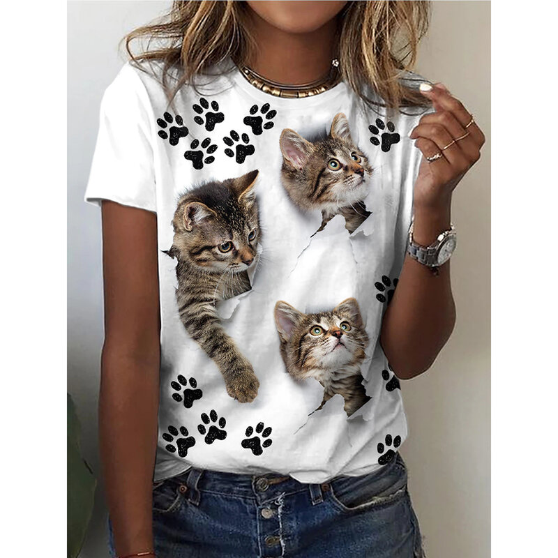 Kaus wanita motif kucing anjing 3d, pakaian wanita atasan Harajuku Kawaii ukuran besar kerah O Musim Panas 2024