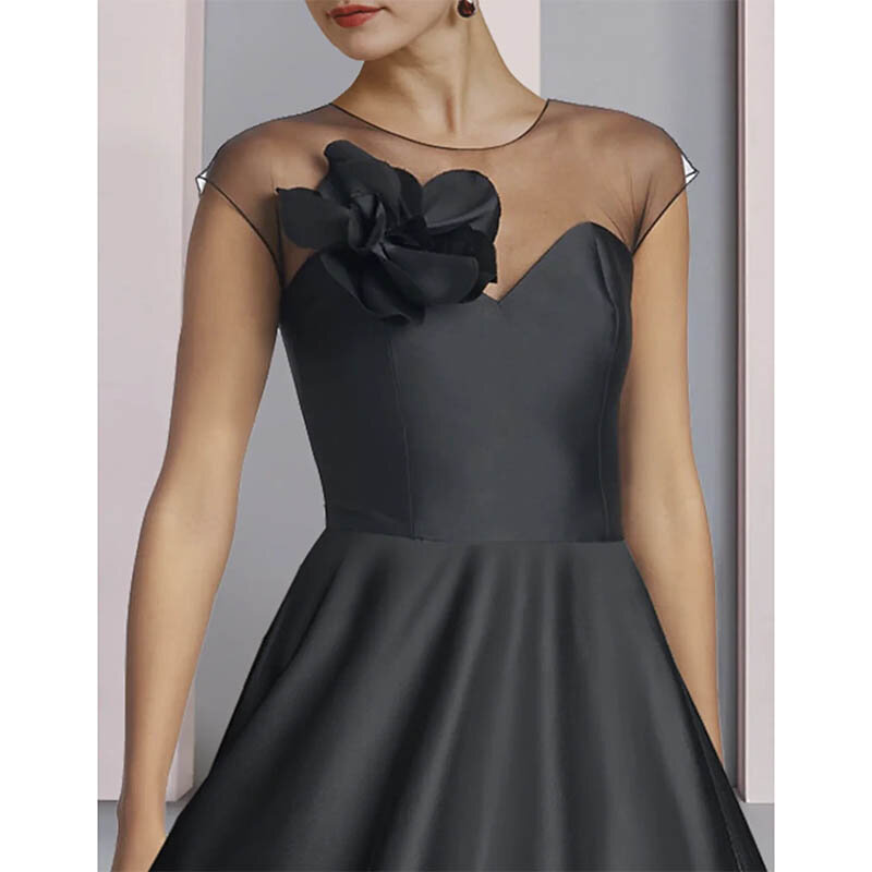 New Arrival A-Line Mother of the Bride Dress Scoop Neck Tea Length Satin Half Sleeve with Pleats Flower Groom Mother Dresses