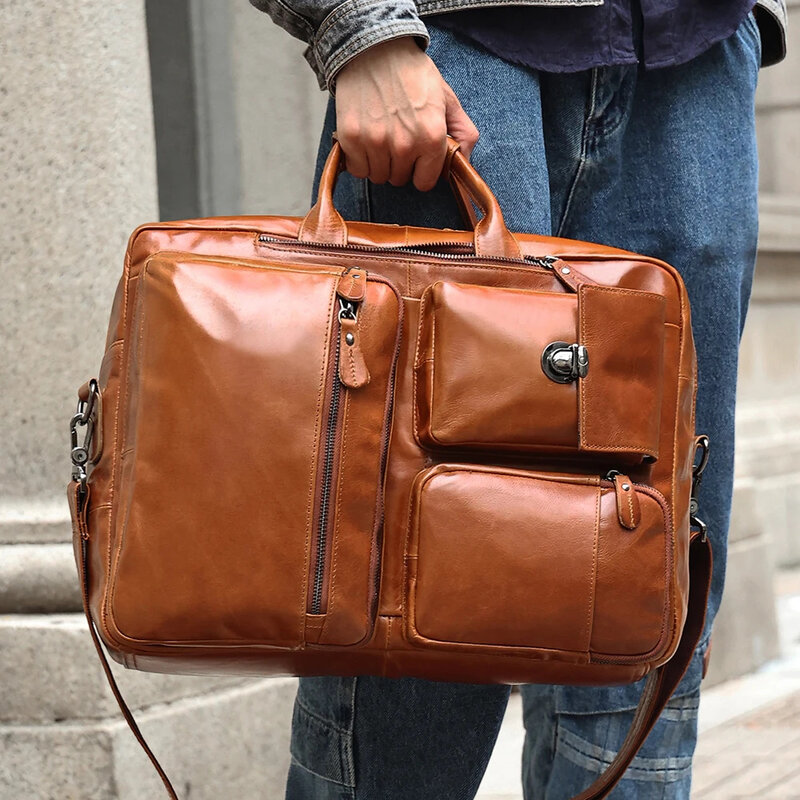 New business leather briefcase man bag multifunctional retro men's shoulder 17 inch computer head layer cowhide hand