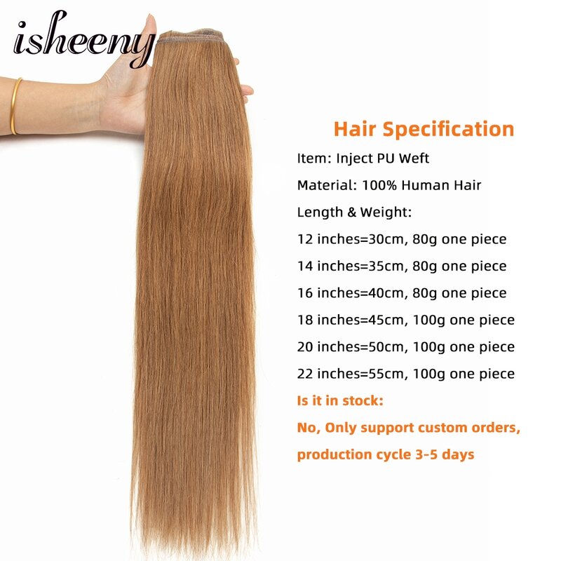 Isheeny Straight Long Tape Weft Hair, Invisible PU Skin, Extensões de Cabelo Humano, Pacotes de Cabelo Natural, 12 "a 22", 100g
