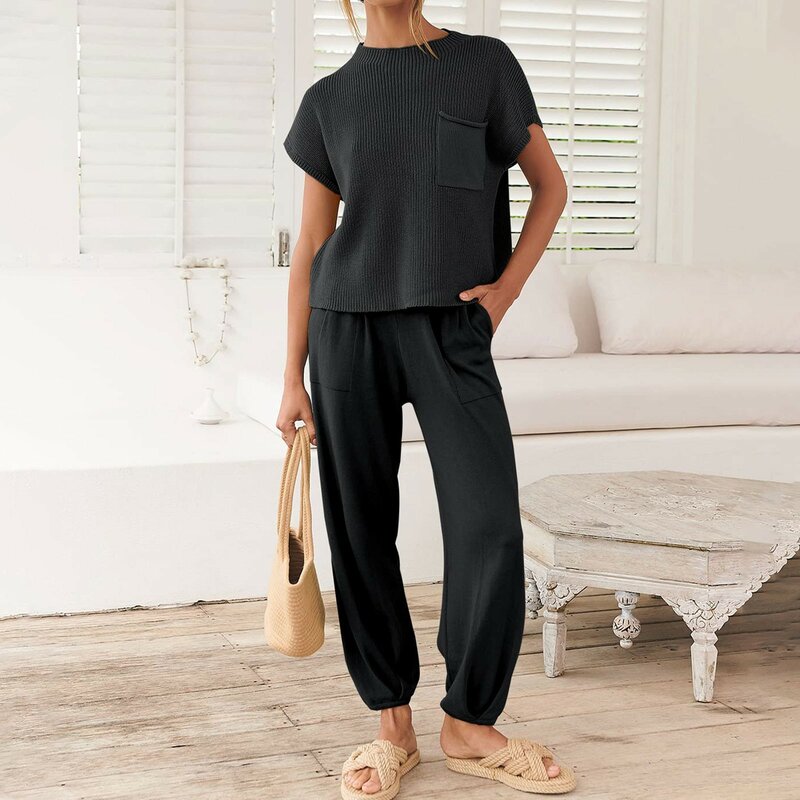 Zweiteilige Damen-Outfits 2024 Pullover-Sets Kurzarm-T-Shirt-Pullover mit Rundhals ausschnitt und hoch taillierte Hosen-Lounge-Sets