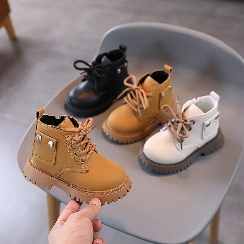 Botas de tornozelo de couro vintage infantil, sapatos antiderrapantes infantis, sola de borracha macia, sapatos casuais quentes, meninos, meninas, criança, novo, outono