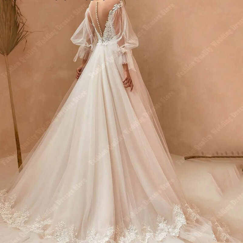 Beautiful Tulle Women Wedding Dresses Fluffy  A-Line Skirt Hem Off The Shoulder Lady Robes 2024 Lace printing Vestidos De Novia
