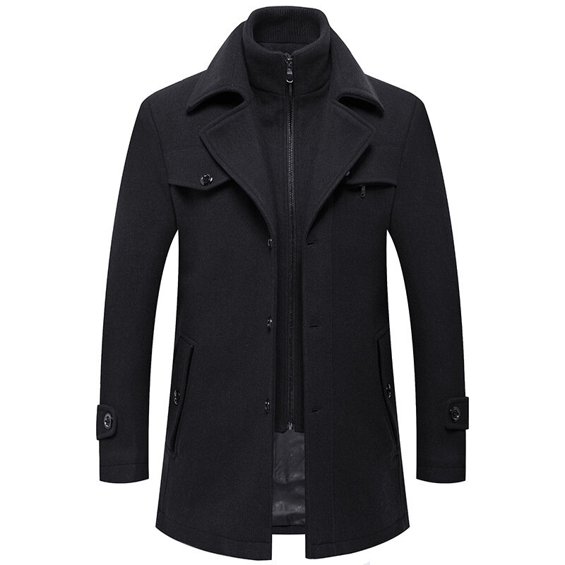 Winter Men Slim Fit Wool Trench Coats Fashion Middle Long Outerwear Mens Double Collar Zipper Solid Color Casusal Woolen Coats