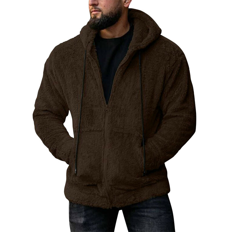 Jaket bertudung dua sisi untuk pria, mantel longgar kasual musim dingin bertudung warna polos, jaket saku ritsleting dua sisi untuk pria
