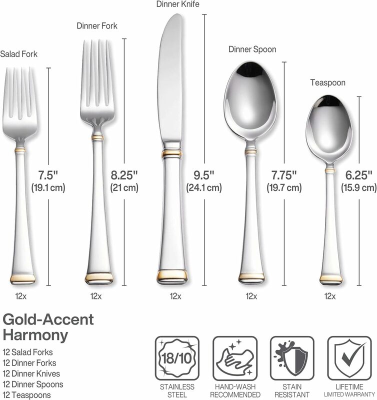 Mikasa Harmony 65-Piece Stainless Steel Flatware Set with Serveware, Service for 12, Gold-Accent