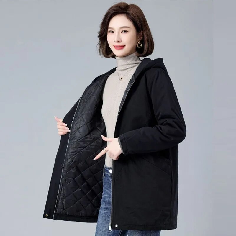 Jaket katun musim dingin wanita, pakaian panjang kasual longgar versi Korea tebal dan hangat berkerudung 2024