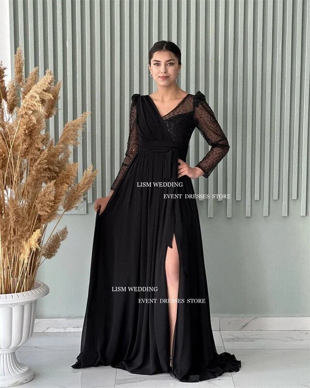 Элегантное Черное Шифоновое Вечернее Платье LISM, блестящее женское платье с длинными рукавами и V-образным вырезом для выпускного вечера, официальное платье с высоким разрезом сбоку