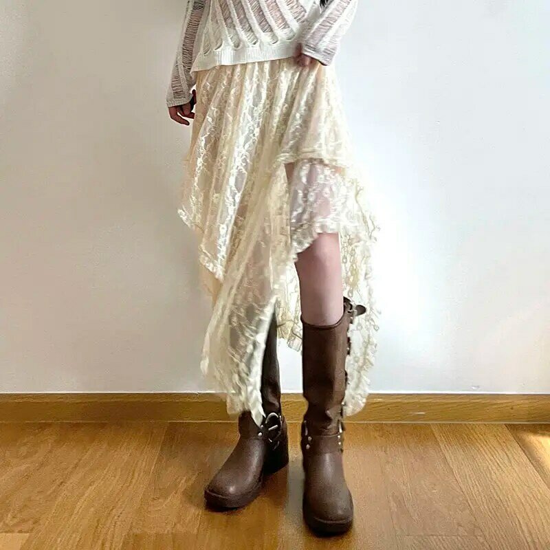 Deeptown Spitze asymmetrischen Rock Fairycore Frauen Vintage Y2K Boho ästhetische Mode hohe Taille Mittel röcke Dame Urlaub Outfits