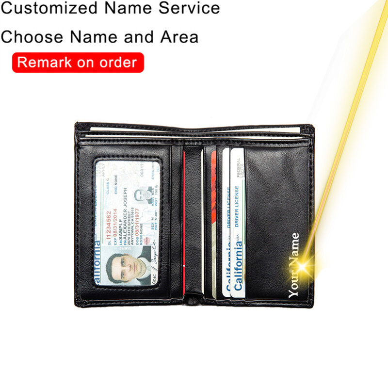 Tarjetero de fibra de carbono con nombre personalizado para hombre, billetera delgada con Clip para dinero, monedero de cuero con ventana y compartimento para identificación fotográfica