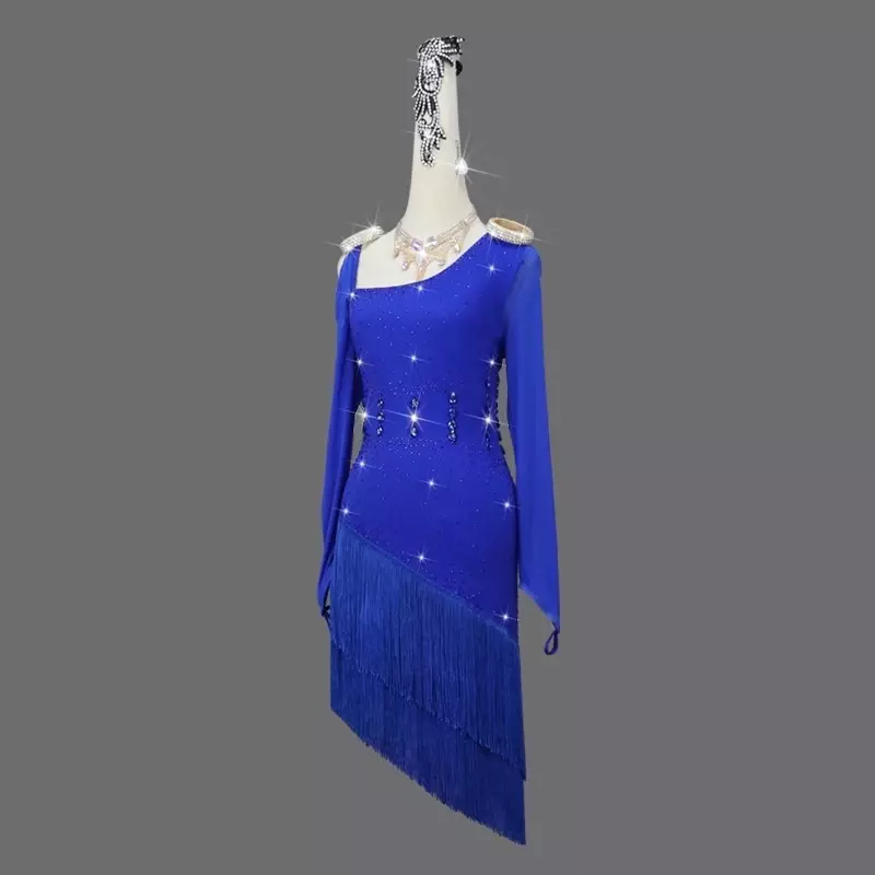 Blue Latin Dance Dress Ballroom Practice Wear Linen Suit Prom Costume Ladies Womens Evening Skirt Fringed Clothes Girl Samba