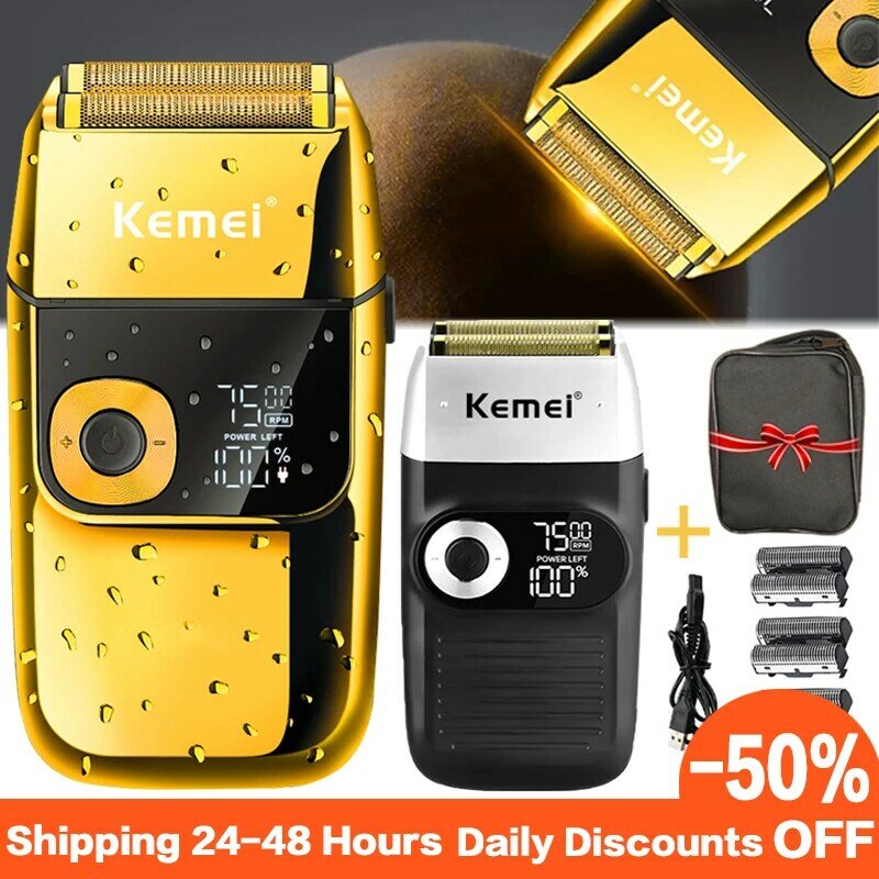 Kemei Afeitadora eléctrica para hombre, maquinilla de afeitar Original, recortadora de barba inalámbrica, cortadora de pelo, carga rápida USB, pantalla LCD