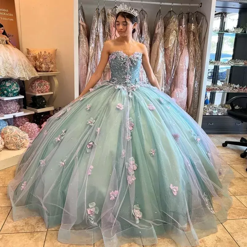 Vestido de baile de quinceañera con lazo grande, vestido de fiesta de cumpleaños de princesa con cuentas de flores en 3D, encantador, 15 años