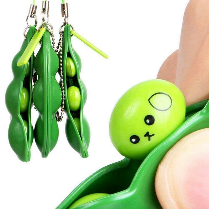 2/3PCS Funny Rubber Stress Reliever Toy  Decompression Keychain Squeeze Peas Beans Car Key Decoration Birthday Christmas Gifts