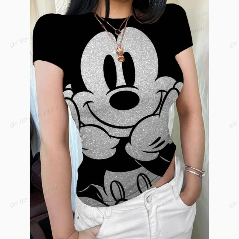 Disney Mickey Mouse Print Flower Top T-shirt Women's Fashion Korean T-shirt O-Neck Tight Top Basic Short Sleeve Women's T-shirt