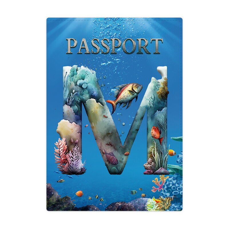 Funda para pasaporte de viaje, billetera de cuero para tarjetas de identificación, tarjetero de negocios, funda con patrón de letras de pescado