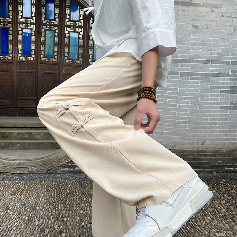 Pantalones con correa de estilo chino para hombre, pantalones con cordón de borla de nudo, pierna ancha, cintura elástica, inspirado en Retro, sólido