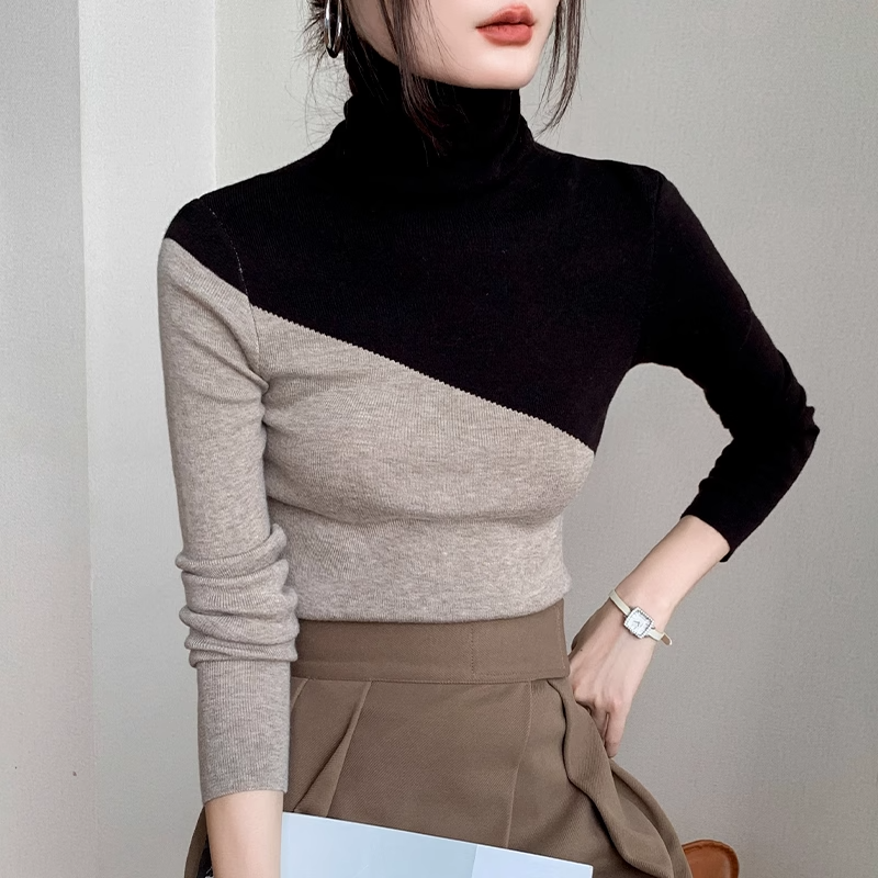 Summer Office Lady Retro stile coreano maglione Casual allentato elegante moda maglia solido Splicing dolcevita manica lunga top