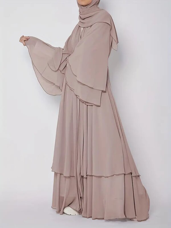 Solid Color Tie Waist Modest Dress, Elegant Layered Hem Maxi Length Dress With Hijab, Women's Clothing