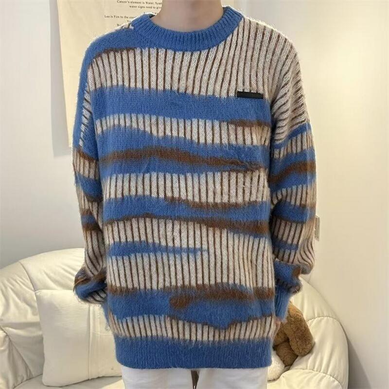 Топ с длинным рукавом уютный полосатый свитер унисекс толстый зимний теплый пуловер для пар оверсайз Топ для стильного сезона толстый