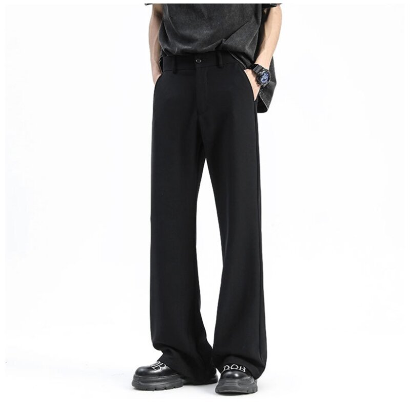 Summer Black Micro Flare Suit Trousers Men's Premium Feeling Ice Silk Loose Draped Casual Pants Button Comfortable