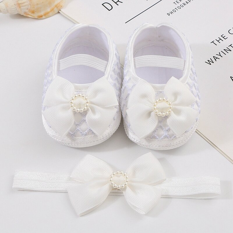 0-12M Newborn Baby Girls Baptism Shoes and Headband Set Bowknot Woven Mary Jane Flats First Walkers Crib Shoes
