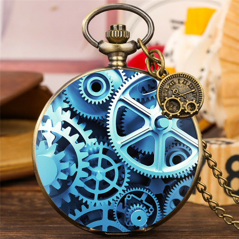 Steampunk Pocket Watch with Gear Design Vintage Quartz Pocket Watches with Pendant Chain Personalized Clock