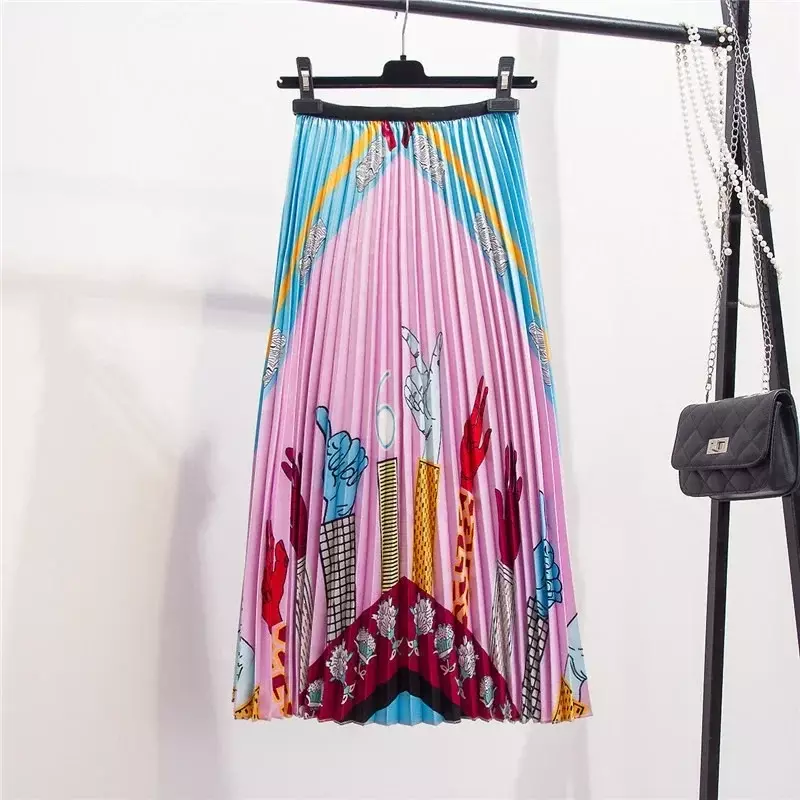 2024 Spring New Fashion Europen Cartoon Flower Printed Pleated Skirt Elegant A-line Casual Midi Skirt Y2k Harajuku Long Skirts