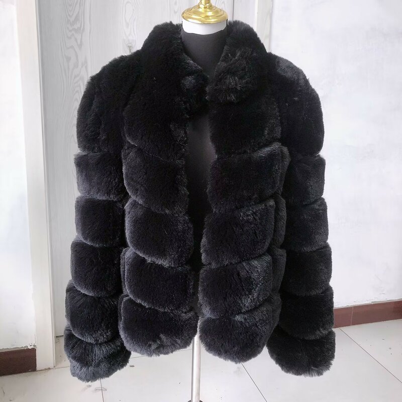 Mantel bulu palsu hangat untuk wanita, jaket bulu palsu Fashion desain kerah persegi, jaket bulu buatan hangat musim dingin untuk wanita