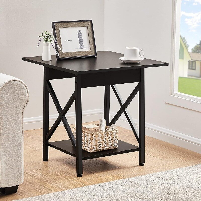 End Table 24 inch Industrial Design Large Side Table with Storage Shelf for Living Room, Easy Assembly