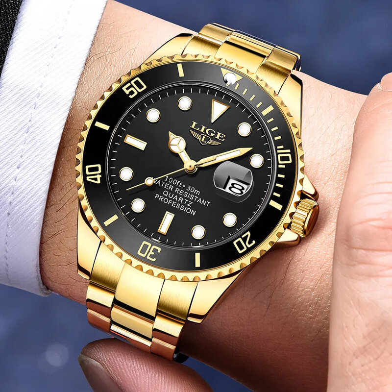 LIGE jam tangan kuarsa olahraga pria, arloji merek Top mewah, jam tangan kronograf tahan air baja sepenuhnya untuk pria