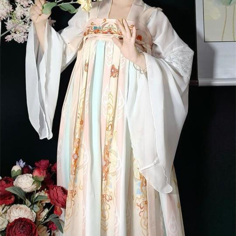 Gaun Hanfu tradisional gaya Cina, set peri Retro Retro Dinasti Tang Oriental motif bunga kuno elegan