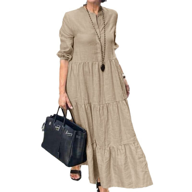 Vestidos largos de lino y algodón para mujer, cuello alto, holgado, informal, dobladillo grande, Color sólido
