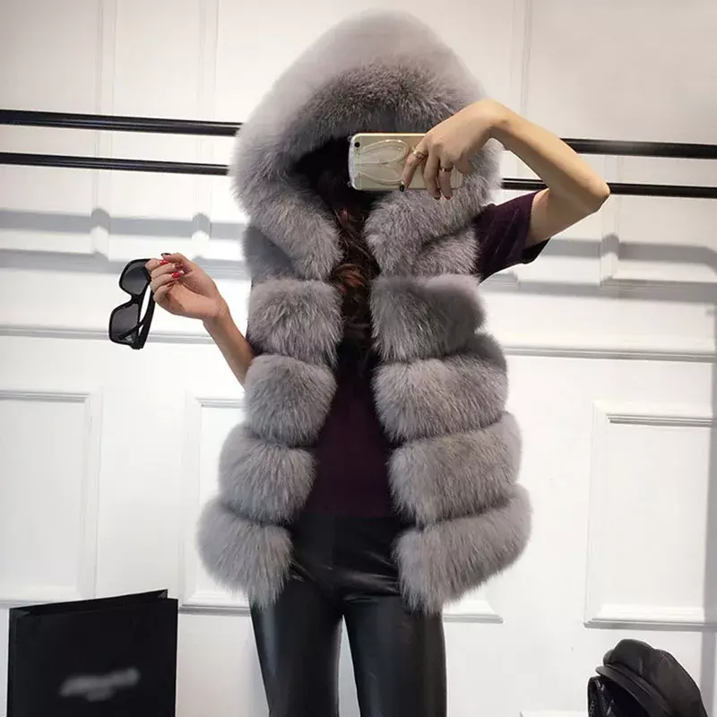 Безрукавка из искусственного меха, зимняя повседневная верхняя одежда, женское однотонное пальто с капюшоном из искусственного лисьего меха, Модный женский жилет, 2023