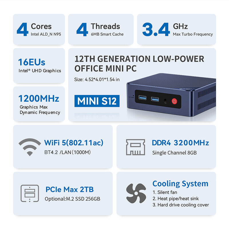 Beelink Mini Computador Desktop, S12 Pro, Intel N100, 8GB, 256GB, Suporta SSD NVME, VS AK3V, 16G, 512G, Intel 12th Gen, N95