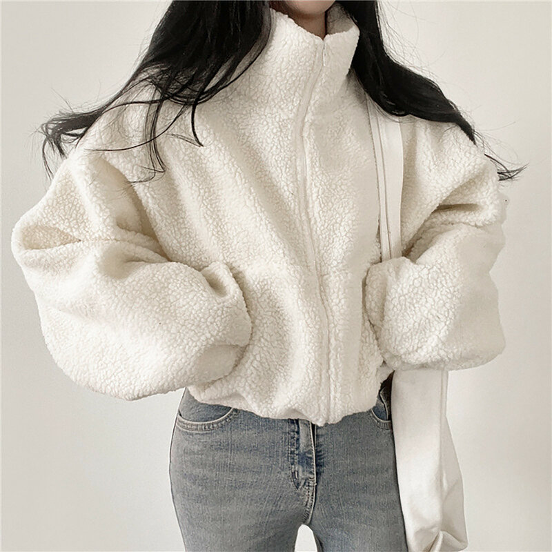 Kurtka polarowa z kapturem zagęszczone ciepłe damskie bluzy Zippe bez kaptura damskie stójka krótkie luźne pluszowe płaszcze zimowy zamek błyskawiczny kurtki