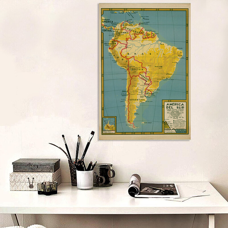 100*150ซม.แผนที่ South America สเปนโปสเตอร์ Vintage สเปรย์ภาพวาดผ้าใบห้องนั่งเล่นตกแต่งบ้านอุปกรณ์โรงเรียน
