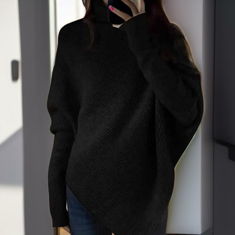 Sweater wanita Lengan kelelawar, Sweater gaya longgar nyaman kerah tinggi lengan kelelawar lembut hangat tidak teratur Pullover dengan elastis longgar