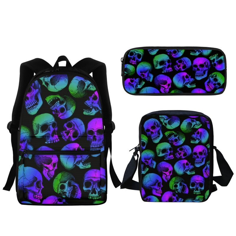 Scary Skull Print Zipper School Bags Gothic Style 3Pc Girls Boys School Bag Lunch Pencil Cases Large Capacity Backpack 2023 New